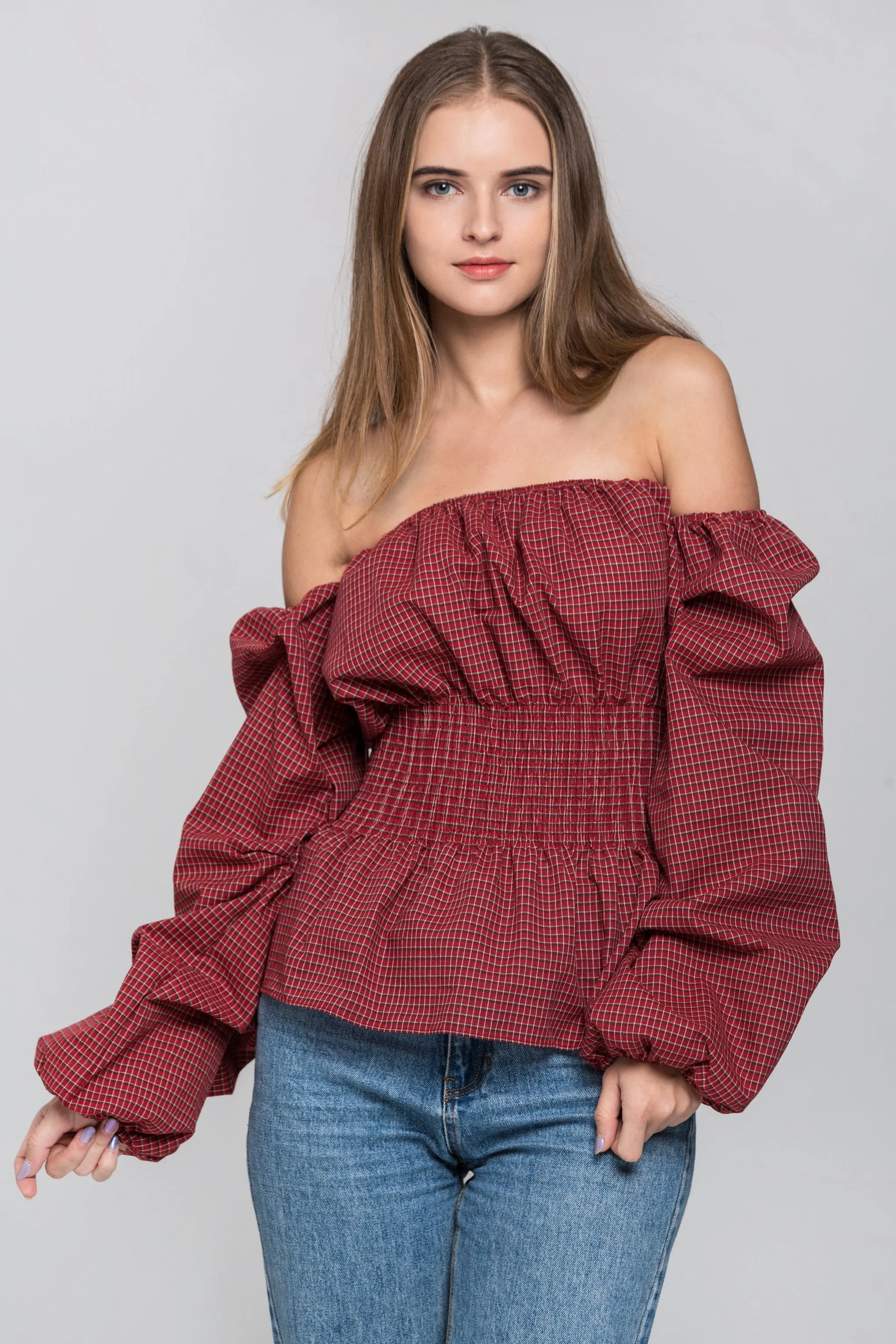 Red Check Smocked Waist Off The Shoulder Top