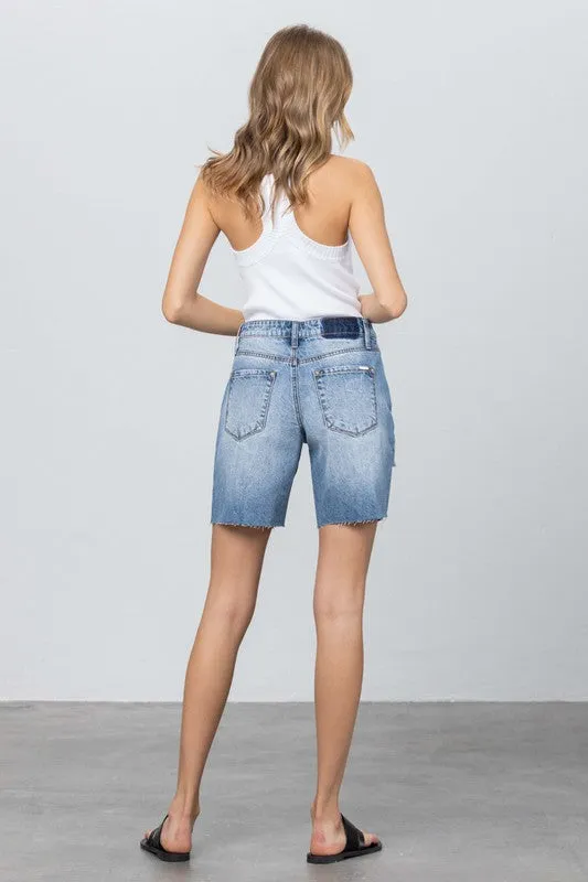 Ripped Raw Hem Bermuda Denim Shorts - Online Exclusive