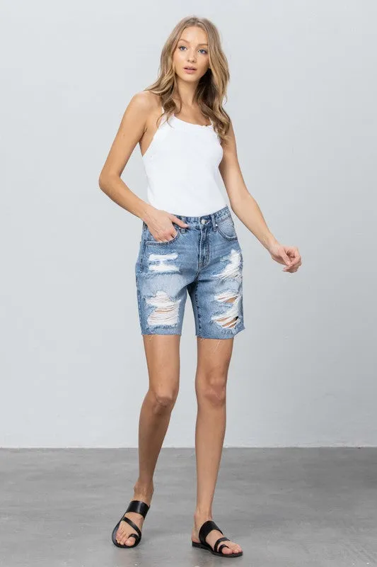 Ripped Raw Hem Bermuda Denim Shorts - Online Exclusive