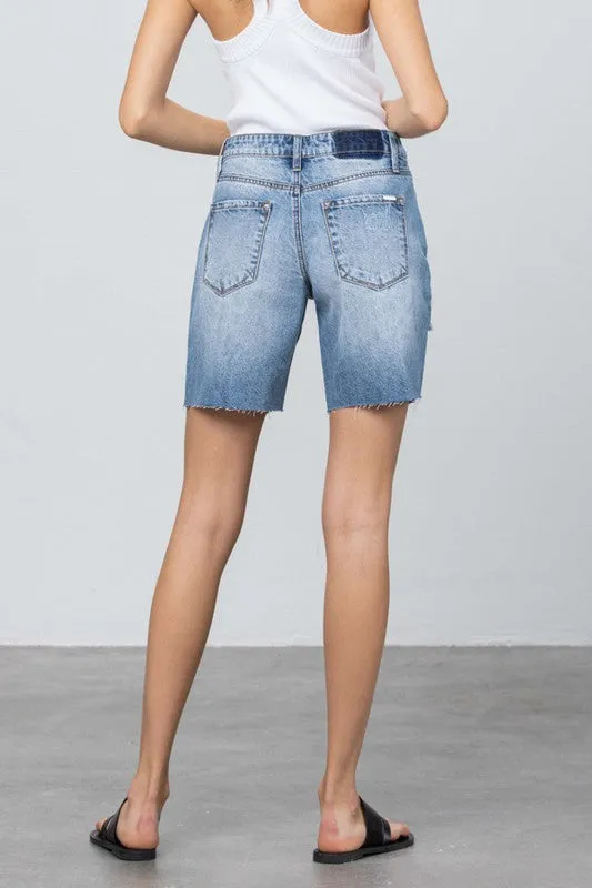 Ripped Raw Hem Bermuda Denim Shorts - Online Exclusive