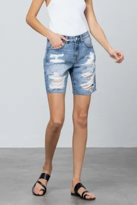 Ripped Raw Hem Bermuda Denim Shorts - Online Exclusive