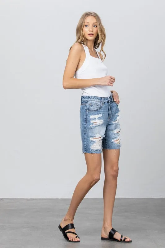 Ripped Raw Hem Bermuda Denim Shorts - Online Exclusive