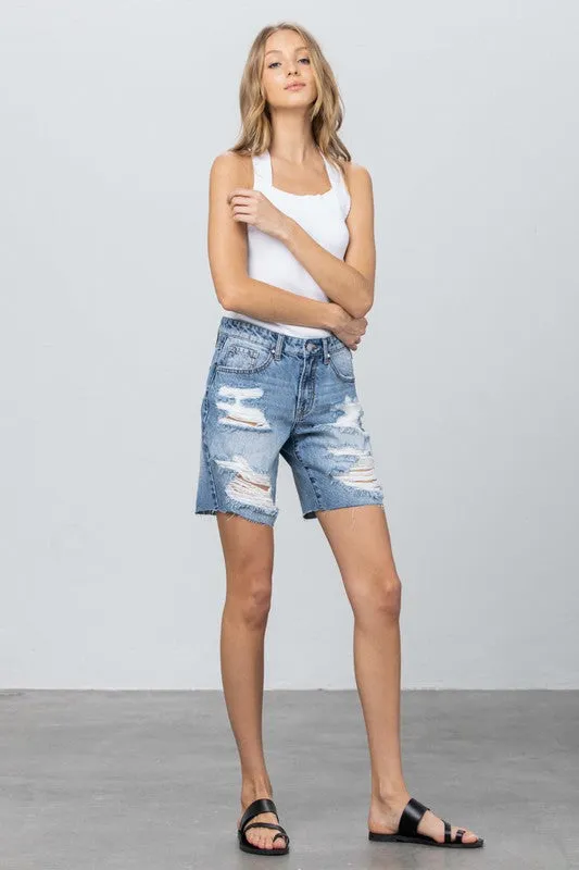 Ripped Raw Hem Bermuda Denim Shorts - Online Exclusive