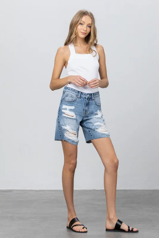 Ripped Raw Hem Bermuda Denim Shorts - Online Exclusive