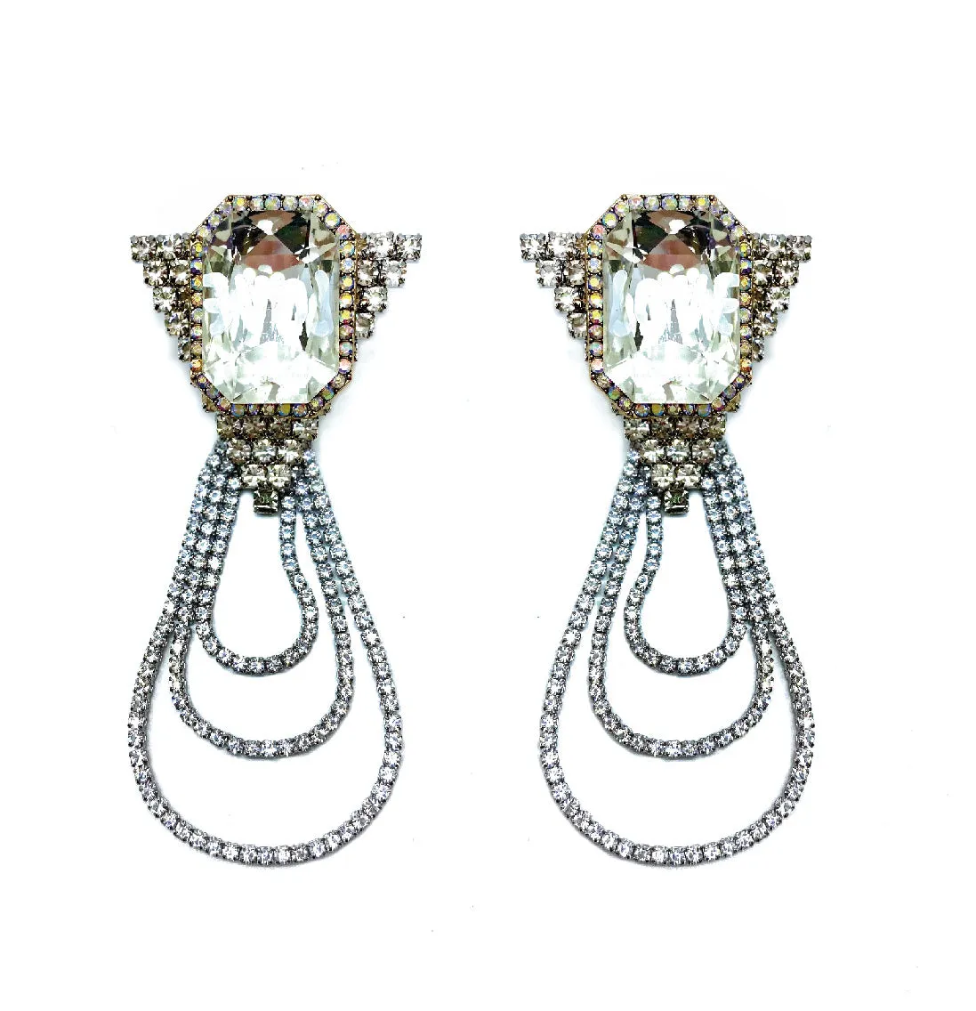 TRIANGULAR CRYSTAL STUD CHAIN TRIPLE STRAND EARRINGS