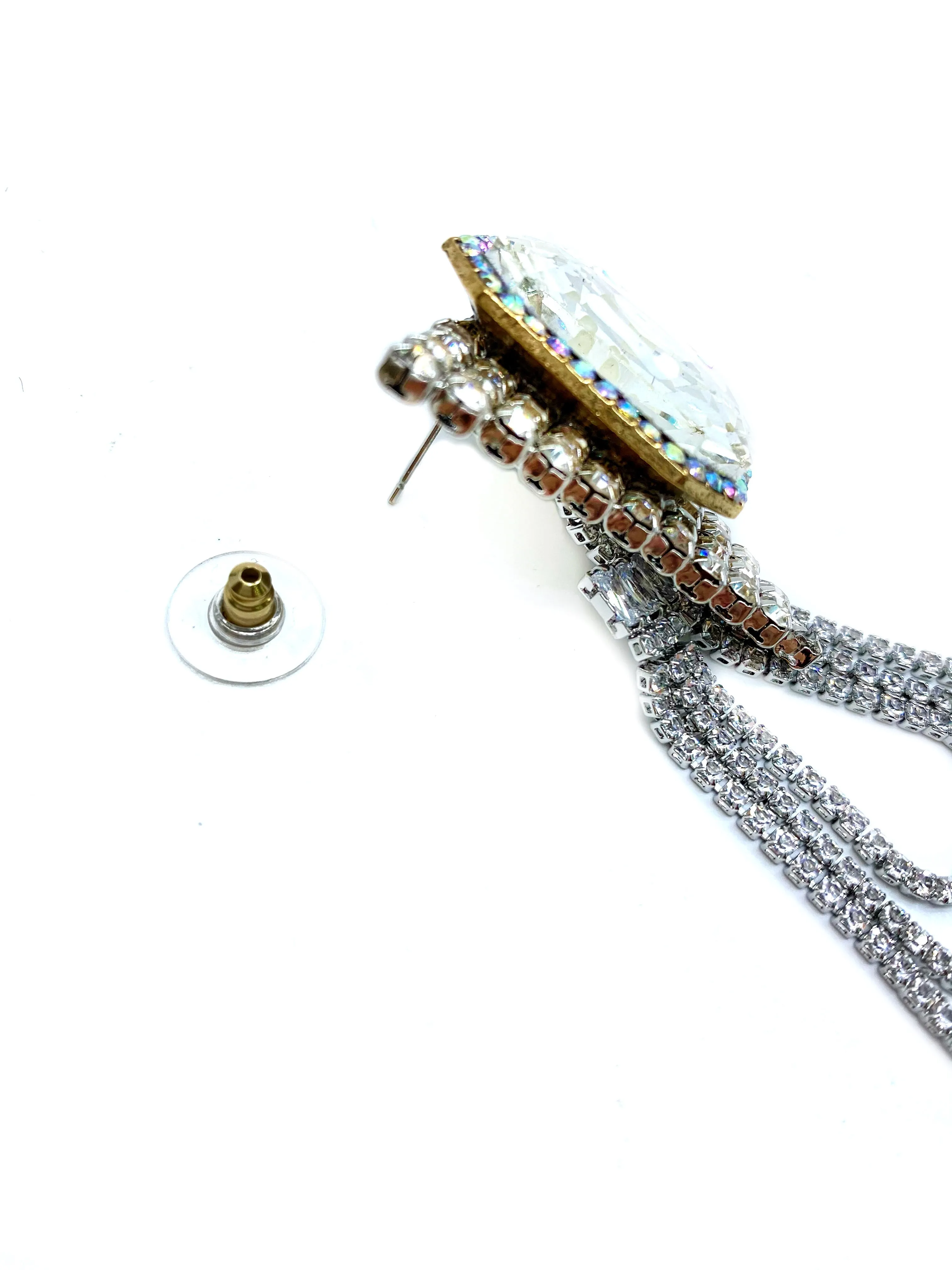TRIANGULAR CRYSTAL STUD CHAIN TRIPLE STRAND EARRINGS