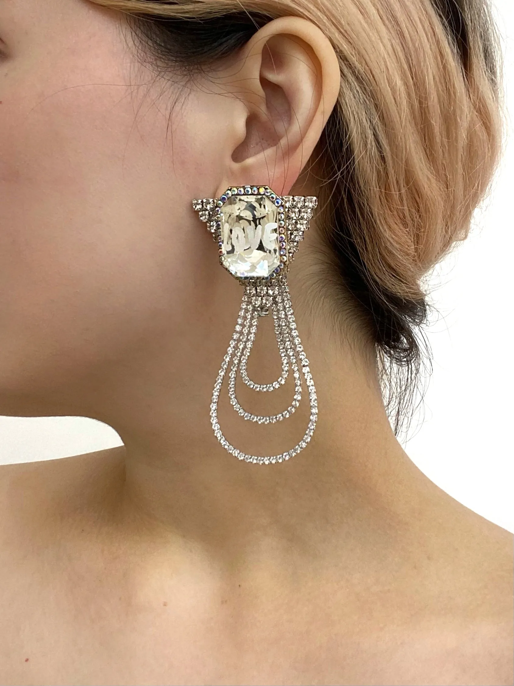 TRIANGULAR CRYSTAL STUD CHAIN TRIPLE STRAND EARRINGS
