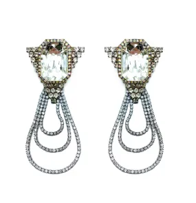 TRIANGULAR CRYSTAL STUD CHAIN TRIPLE STRAND EARRINGS