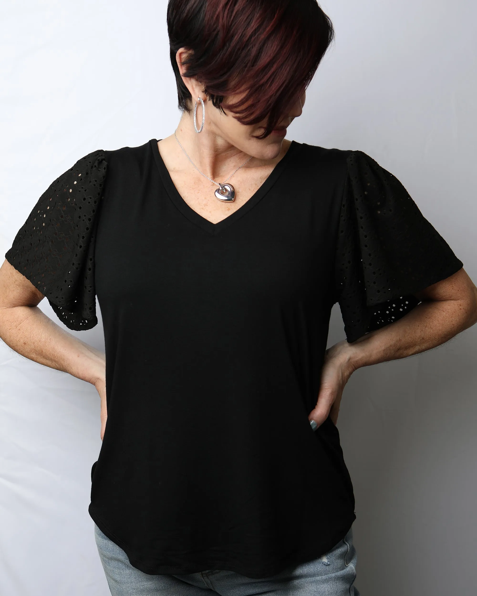 V-Neck Eye-Lit Short Sleeve  Top