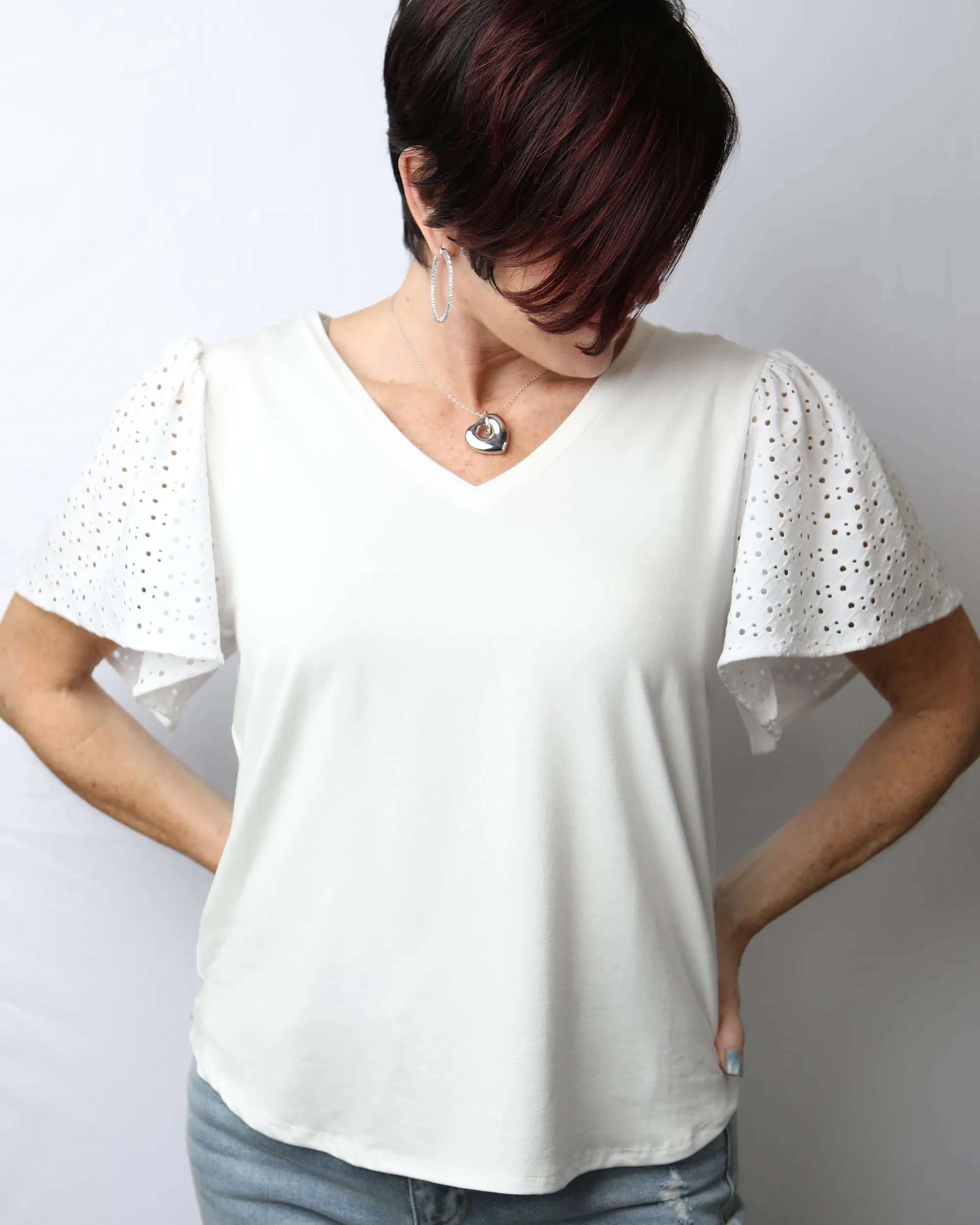 V-Neck Eye-Lit Short Sleeve  Top